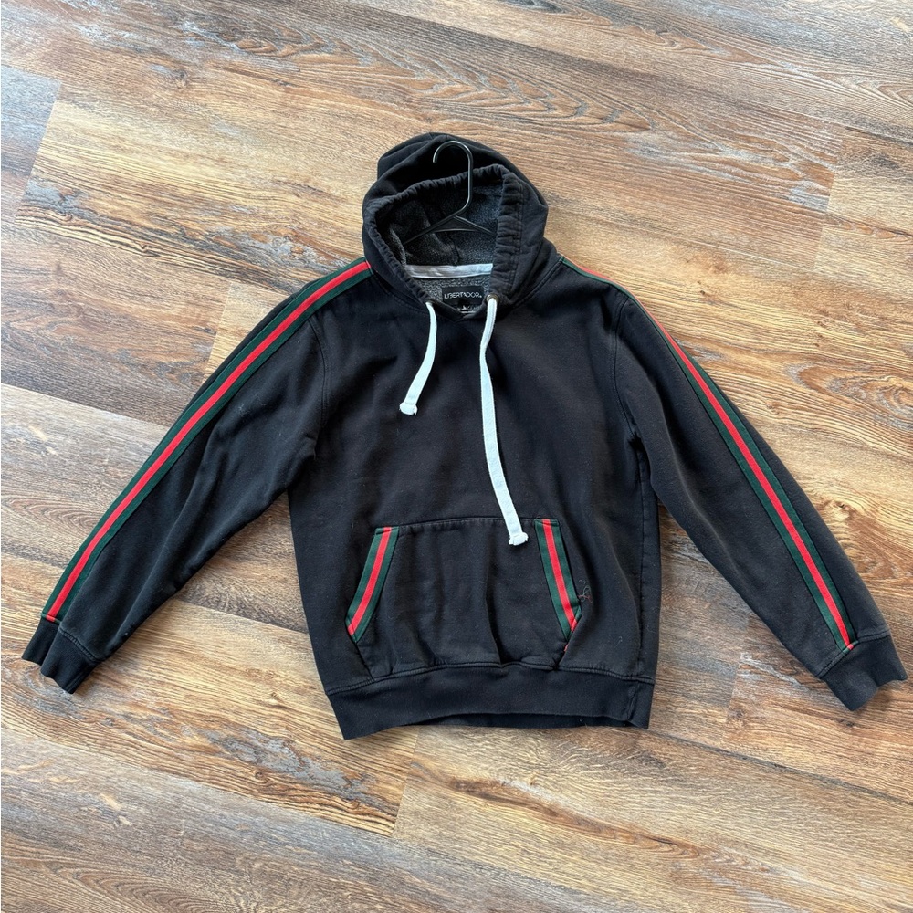 Black Hoodie with Red and Green Stripes
